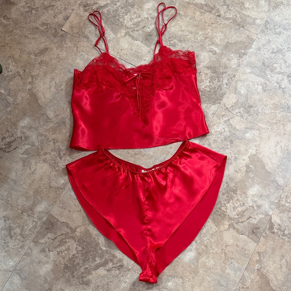 Victoria's Secret Red Satin Lace Chemise Set M